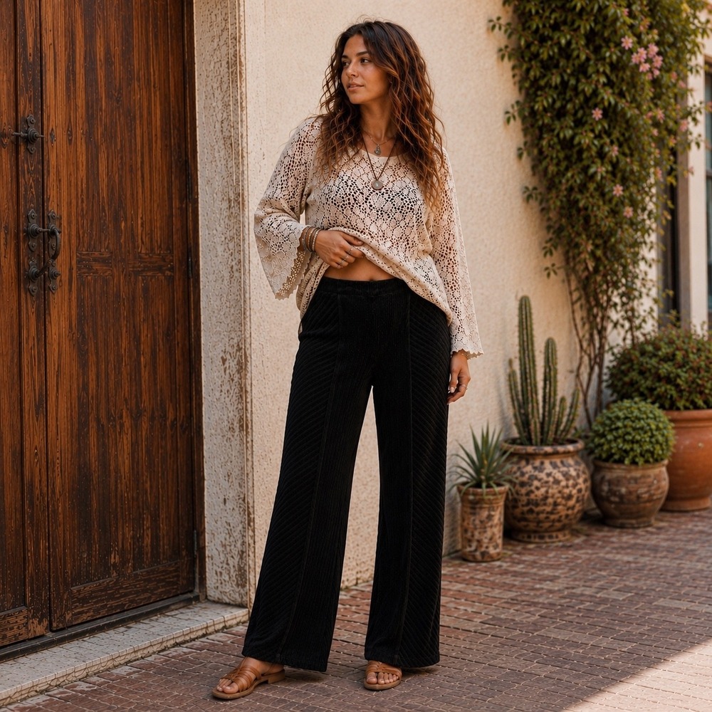 Free People Black Penny Pull On Velvet Corduroy Flare Pants | Size L